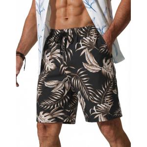 image:imageCOOFANDY Mens Hawaiian Beach Shorts Elastic Waist Drawstring Lightweight Summer Casual Shorts with PocketBlackgrey Leaf