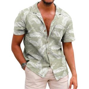 image:imageCOOFANDY Mens Hawaiian Shirt Short Sleeve Buttoon Down Shirts Casual Tropical Floral Summer Linen ShirtsAgreen Palm Leaf