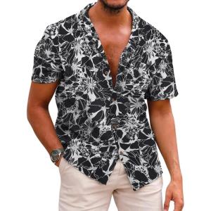 image:imageCOOFANDY Mens Hawaiian Shirt Short Sleeve Buttoon Down Shirts Casual Tropical Floral Summer Linen ShirtsBlack Floral