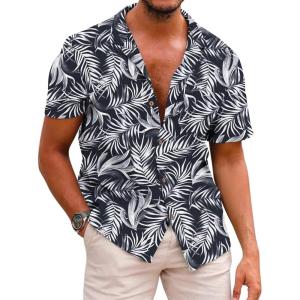 image:imageCOOFANDY Mens Hawaiian Shirt Short Sleeve Buttoon Down Shirts Casual Tropical Floral Summer Linen ShirtsBlack Tropical Leaf