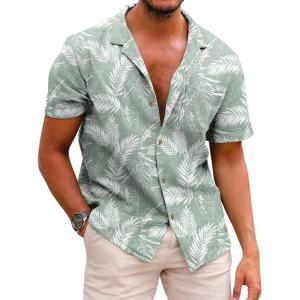 image:imageCOOFANDY Mens Hawaiian Shirt Short Sleeve Buttoon Down Shirts Casual Tropical Floral Summer Linen ShirtsCeladon Green Palm Leaf