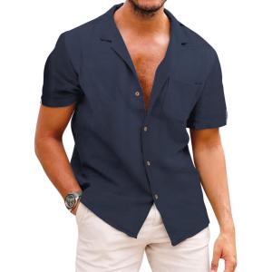 image:imageCOOFANDY Mens Hawaiian Shirt Short Sleeve Buttoon Down Shirts Casual Tropical Floral Summer Linen ShirtsNavy Blue