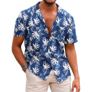 image:imageCOOFANDY Mens Hawaiian Shirt Short Sleeve Buttoon Down Shirts Casual Tropical Floral Summer Linen ShirtsNavy Leaves