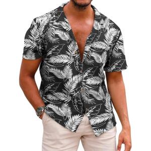 image:imageCOOFANDY Mens Hawaiian Shirt Short Sleeve Buttoon Down Shirts Casual Tropical Floral Summer Linen ShirtsPalm Leafblack