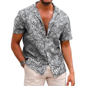 image:imageCOOFANDY Mens Hawaiian Shirt Short Sleeve Buttoon Down Shirts Casual Tropical Floral Summer Linen ShirtsPalm Leafblackwhite