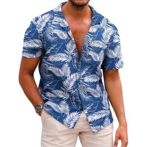 image:imageCOOFANDY Mens Hawaiian Shirt Short Sleeve Buttoon Down Shirts Casual Tropical Floral Summer Linen ShirtsPalm Leafblue