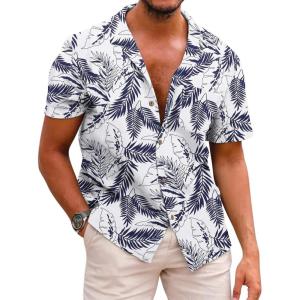 image:imageCOOFANDY Mens Hawaiian Shirt Short Sleeve Buttoon Down Shirts Casual Tropical Floral Summer Linen ShirtsPalm Leafbluewhite