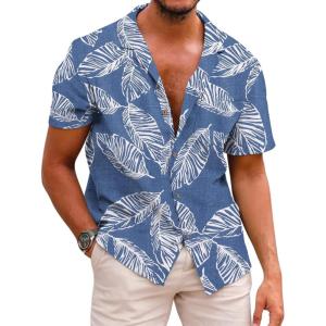 image:imageCOOFANDY Mens Hawaiian Shirt Short Sleeve Buttoon Down Shirts Casual Tropical Floral Summer Linen ShirtsPalm Leafdenim Blue