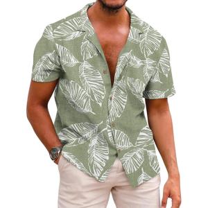 image:imageCOOFANDY Mens Hawaiian Shirt Short Sleeve Buttoon Down Shirts Casual Tropical Floral Summer Linen ShirtsPalm Leafgreen