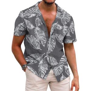 image:imageCOOFANDY Mens Hawaiian Shirt Short Sleeve Buttoon Down Shirts Casual Tropical Floral Summer Linen ShirtsPalm Leafgrey