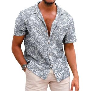 image:imageCOOFANDY Mens Hawaiian Shirt Short Sleeve Buttoon Down Shirts Casual Tropical Floral Summer Linen ShirtsPalm Leaflight Blue
