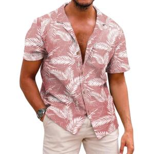 image:imageCOOFANDY Mens Hawaiian Shirt Short Sleeve Buttoon Down Shirts Casual Tropical Floral Summer Linen ShirtsPalm Leafpink