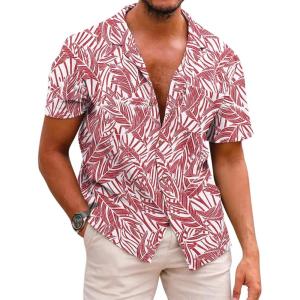 image:imageCOOFANDY Mens Hawaiian Shirt Short Sleeve Buttoon Down Shirts Casual Tropical Floral Summer Linen ShirtsPalm Leafred