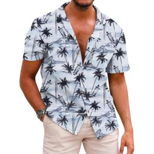 image:imageCOOFANDY Mens Hawaiian Shirt Short Sleeve Buttoon Down Shirts Casual Tropical Floral Summer Linen ShirtsPalm Shadow Blue
