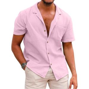 image:imageCOOFANDY Mens Hawaiian Shirt Short Sleeve Buttoon Down Shirts Casual Tropical Floral Summer Linen ShirtsPink
