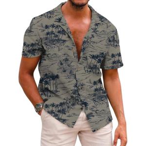 image:imageCOOFANDY Mens Hawaiian Shirt Short Sleeve Buttoon Down Shirts Casual Tropical Floral Summer Linen ShirtsSafari Palm Khaki