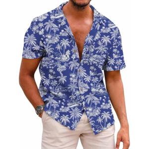 image:imageCOOFANDY Mens Hawaiian Shirt Short Sleeve Buttoon Down Shirts Casual Tropical Floral Summer Linen ShirtsTropical Palm Navy