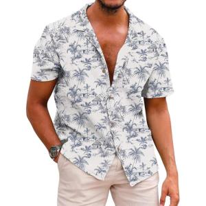 image:imageCOOFANDY Mens Hawaiian Shirt Short Sleeve Buttoon Down Shirts Casual Tropical Floral Summer Linen ShirtsVintage Palm Blue