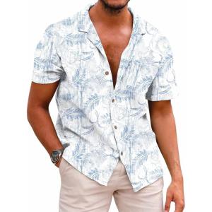image:imageCOOFANDY Mens Hawaiian Shirt Short Sleeve Buttoon Down Shirts Casual Tropical Floral Summer Linen ShirtsWashed Floral Blue