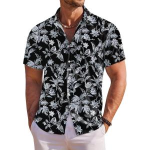 image:imageCOOFANDY Mens Hawaiian Shirt Short Sleeve Floral Button Down Shirts Tropical Holiday Beach ShirtsBlack  Leaf