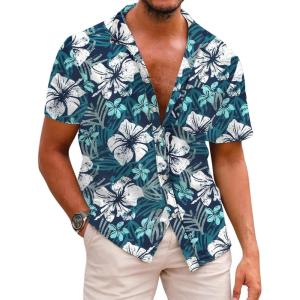image:imageCOOFANDY Mens Hawaiian Shirts Short Sleeve Casual Button Down Tropical Beach ShirtGreen  White Floral
