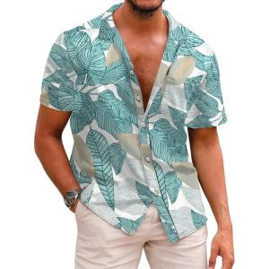 image:imageCOOFANDY Mens Hawaiian Shirts Short Sleeve Casual Button Down Tropical Beach ShirtGreen  Yellow Leaf