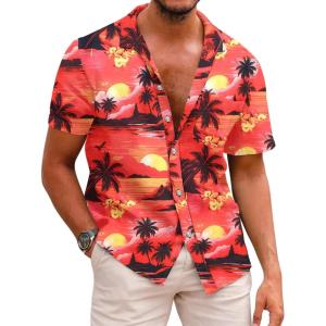 image:imageCOOFANDY Mens Hawaiian Shirts Short Sleeve Casual Button Down Tropical Beach ShirtSunset Red
