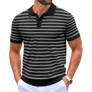 image:imageCOOFANDY Mens Knit Polo Shirts Casual Short Sleeve Button Down Polo Shirt Classic Golf ShirtsFblackWhite Striped