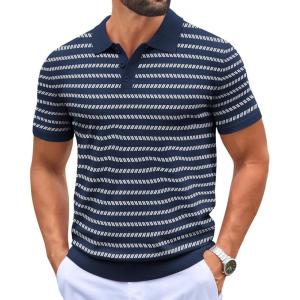 image:imageCOOFANDY Mens Knit Polo Shirts Casual Short Sleeve Button Down Polo Shirt Classic Golf ShirtsFnavy BlueWhite Striped