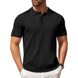 image:imageCOOFANDY Mens Knit Polo Shirts Casual Short Sleeve Button Down Polo Shirt Classic Golf ShirtsGblack Ribbing