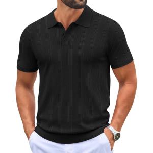 image:imageCOOFANDY Mens Knit Polo Shirts Casual Short Sleeve Button Down Polo Shirt Classic Golf ShirtsHblack Ribbing
