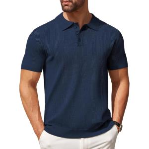image:imageCOOFANDY Mens Knit Polo Shirts Casual Short Sleeve Button Down Polo Shirt Classic Golf ShirtsHnavy Blue Ribbing