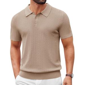 image:imageCOOFANDY Mens Knit Polo Shirts Short Sleeve Slim Fit Textured Golf Polo Shirt Casual Summer Vacation TShirtsKhaki