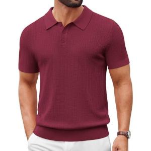 image:imageCOOFANDY Mens Knit Polo Shirts Short Sleeve Slim Fit Textured Golf Polo Shirt Casual Summer Vacation TShirtsWine Red