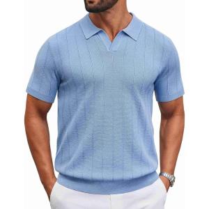 image:imageCOOFANDY Mens Knit Polo Shirts V Neck Short Sleeve Ribbed Textured Polo Shirt Stretch Casual Golf Shirts Collared T Shirt01light Blue