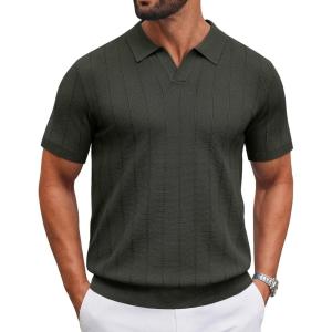 image:imageCOOFANDY Mens Knit Polo Shirts V Neck Short Sleeve Ribbed Textured Polo Shirt Stretch Casual Golf Shirts Collared T ShirtArmy Green