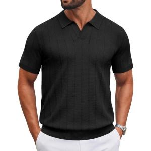 image:imageCOOFANDY Mens Knit Polo Shirts V Neck Short Sleeve Ribbed Textured Polo Shirt Stretch Casual Golf Shirts Collared T ShirtBlack