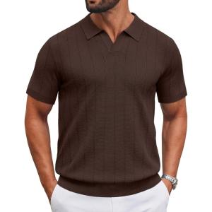 image:imageCOOFANDY Mens Knit Polo Shirts V Neck Short Sleeve Ribbed Textured Polo Shirt Stretch Casual Golf Shirts Collared T ShirtBrown