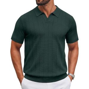 image:imageCOOFANDY Mens Knit Polo Shirts V Neck Short Sleeve Ribbed Textured Polo Shirt Stretch Casual Golf Shirts Collared T ShirtDark Green