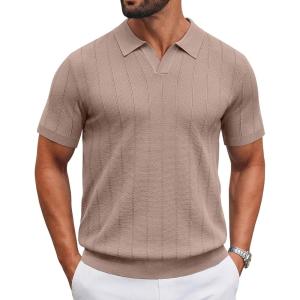 image:imageCOOFANDY Mens Knit Polo Shirts V Neck Short Sleeve Ribbed Textured Polo Shirt Stretch Casual Golf Shirts Collared T ShirtKhaki