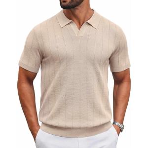 image:imageCOOFANDY Mens Knit Polo Shirts V Neck Short Sleeve Ribbed Textured Polo Shirt Stretch Casual Golf Shirts Collared T ShirtLight Brown
