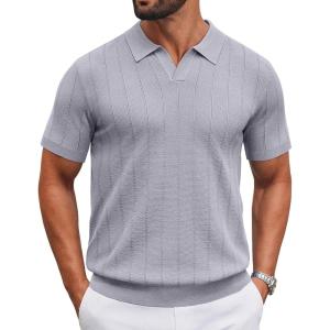 image:imageCOOFANDY Mens Knit Polo Shirts V Neck Short Sleeve Ribbed Textured Polo Shirt Stretch Casual Golf Shirts Collared T ShirtLight Gray