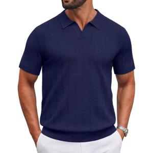 image:imageCOOFANDY Mens Knit Polo Shirts V Neck Short Sleeve Ribbed Textured Polo Shirt Stretch Casual Golf Shirts Collared T ShirtNavy Blue