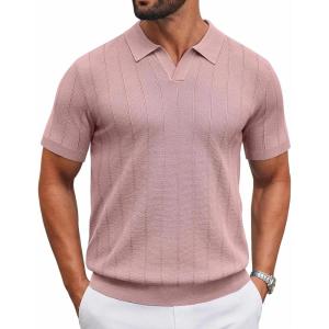 image:imageCOOFANDY Mens Knit Polo Shirts V Neck Short Sleeve Ribbed Textured Polo Shirt Stretch Casual Golf Shirts Collared T ShirtPink