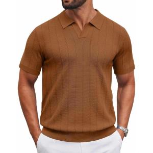 image:imageCOOFANDY Mens Knit Polo Shirts V Neck Short Sleeve Ribbed Textured Polo Shirt Stretch Casual Golf Shirts Collared T ShirtReddish Brown