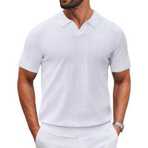 image:imageCOOFANDY Mens Knit Polo Shirts V Neck Short Sleeve Ribbed Textured Polo Shirt Stretch Casual Golf Shirts Collared T ShirtWhite