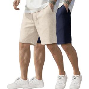 image:imageCOOFANDY Mens Linen Shorts Casual Elastic Waist Drawstring Short Summer Beach Vacation ShortsLinen KhakiNavy Blue