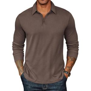 image:imageCOOFANDY Mens Long Sleeve Polo Shirts Classic Casual Button Polo Tee Lightweight Collared Golf ShirtBrown