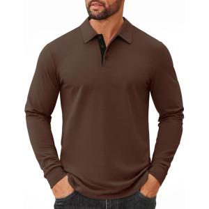 image:imageCOOFANDY Mens Long Sleeve Polo Shirts Cotton Collared Shirts Casual Business Polo Classic Golf T ShirtsBrown
