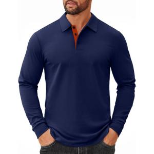 image:imageCOOFANDY Mens Long Sleeve Polo Shirts Cotton Collared Shirts Casual Business Polo Classic Golf T ShirtsDark Blue